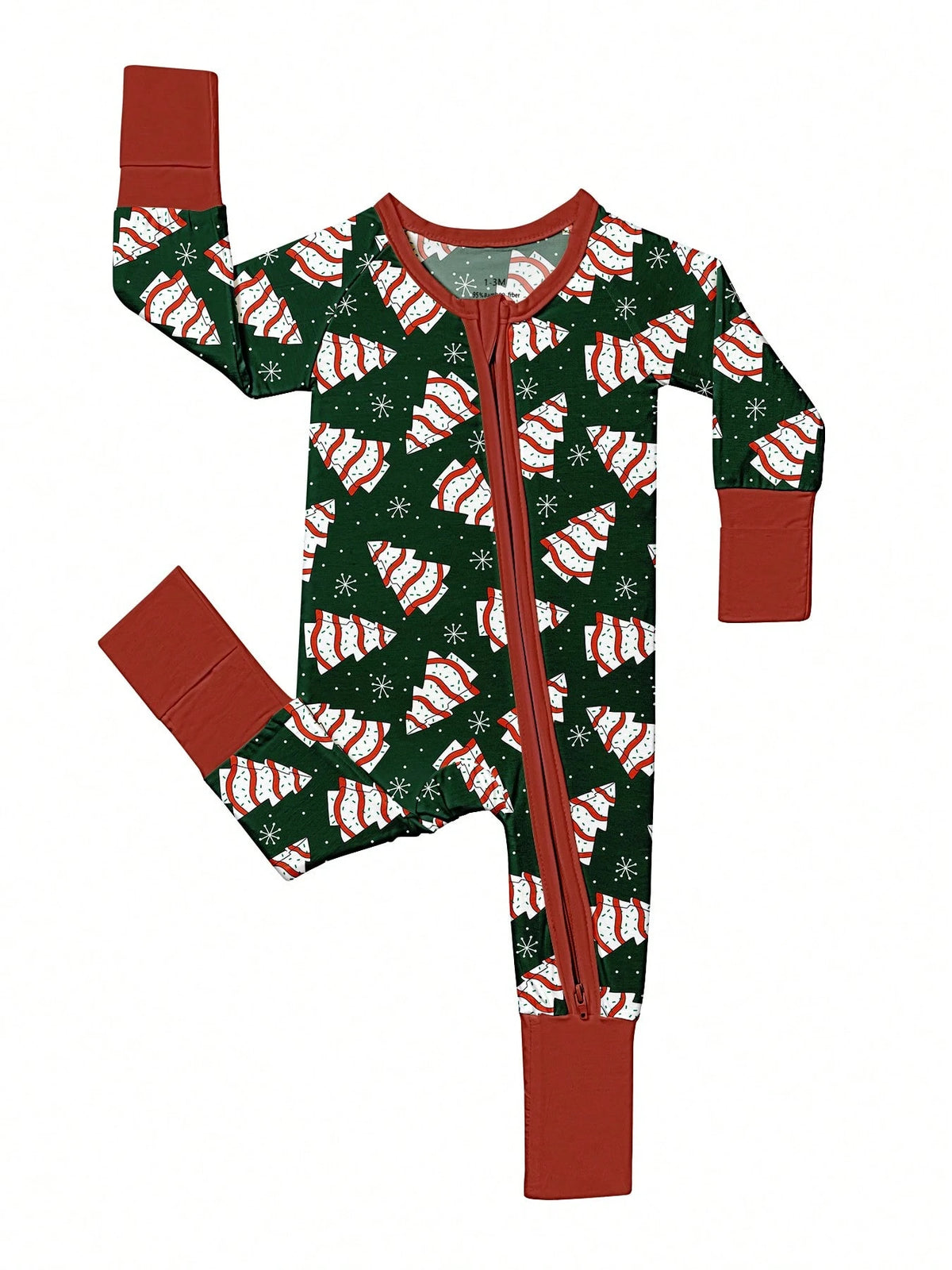 Bamboo Fiber Zip-Up Baby Romper, Dark Green Christmas Tree Cake & Snowflake Print Slim Long Sleeve Outfit, All-Season Christmas Outdoor Gift For Baby