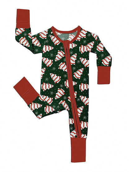 Bamboo Fiber Zip-Up Baby Romper, Dark Green Christmas Tree Cake & Snowflake Print Slim Long Sleeve Outfit, All-Season Christmas Outdoor Gift For Baby