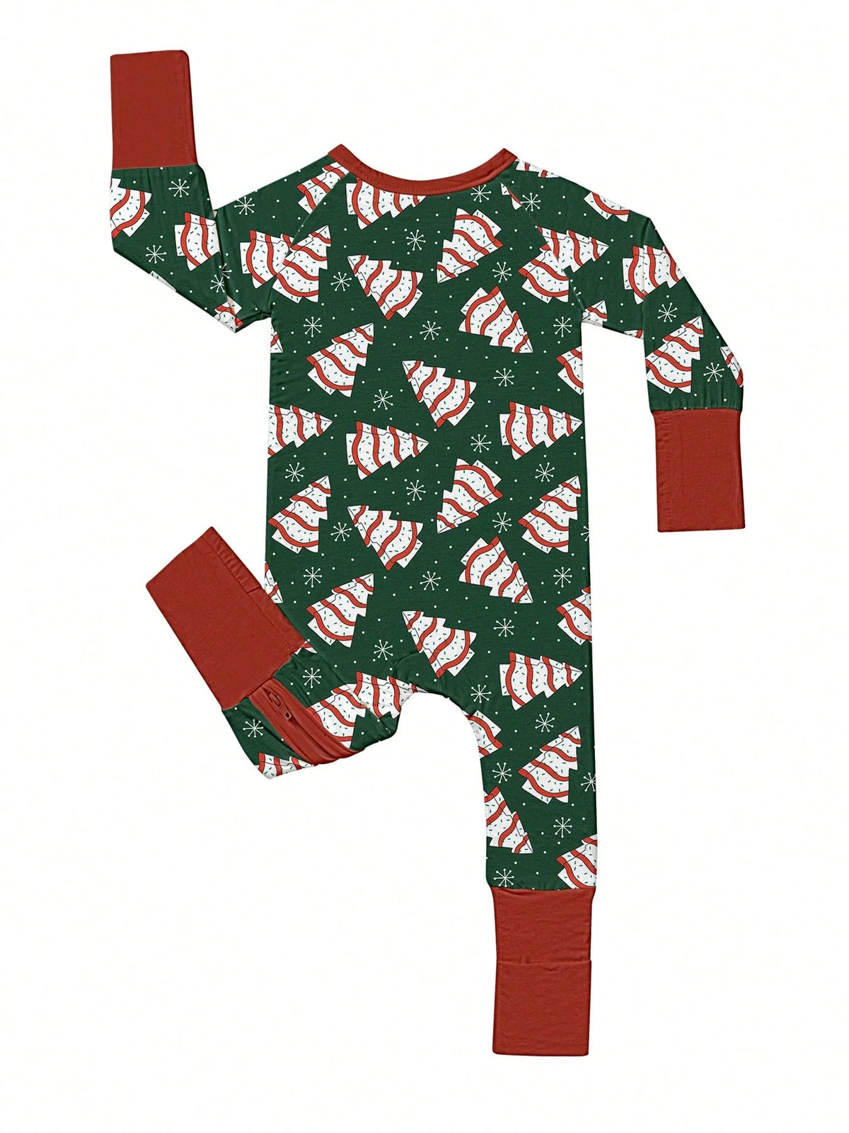 Bamboo Fiber Zip-Up Baby Romper, Dark Green Christmas Tree Cake & Snowflake Print Slim Long Sleeve Outfit, All-Season Christmas Outdoor Gift For Baby