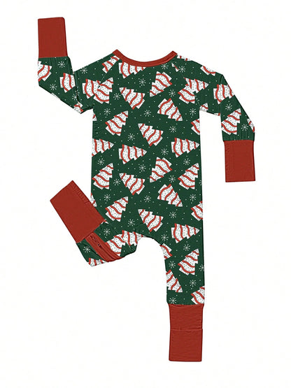 Bamboo Fiber Zip-Up Baby Romper, Dark Green Christmas Tree Cake & Snowflake Print Slim Long Sleeve Outfit, All-Season Christmas Outdoor Gift For Baby