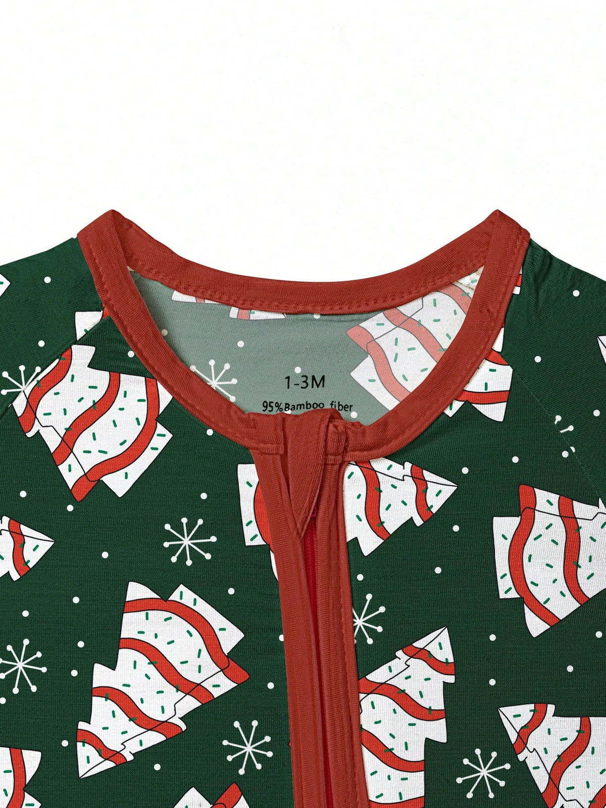Bamboo Fiber Zip-Up Baby Romper, Dark Green Christmas Tree Cake & Snowflake Print Slim Long Sleeve Outfit, All-Season Christmas Outdoor Gift For Baby