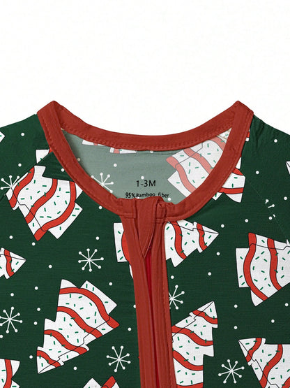 Bamboo Fiber Zip-Up Baby Romper, Dark Green Christmas Tree Cake & Snowflake Print Slim Long Sleeve Outfit, All-Season Christmas Outdoor Gift For Baby