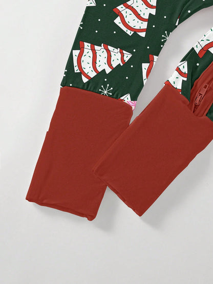 Bamboo Fiber Zip-Up Baby Romper, Dark Green Christmas Tree Cake & Snowflake Print Slim Long Sleeve Outfit, All-Season Christmas Outdoor Gift For Baby