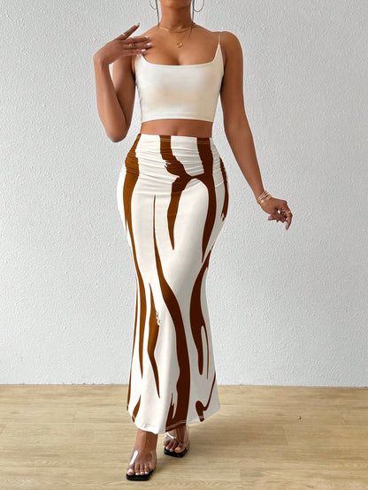 BamGleam Ladies Fashionable Color-Blocking Printed Mermaid Skirt Women Fall For Women