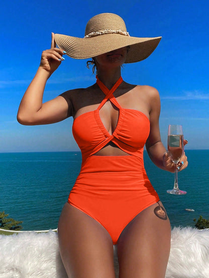 BamGleam Summer Beach Women Halter Solid Color One-Piece Swimsuit For Vacation Outfit