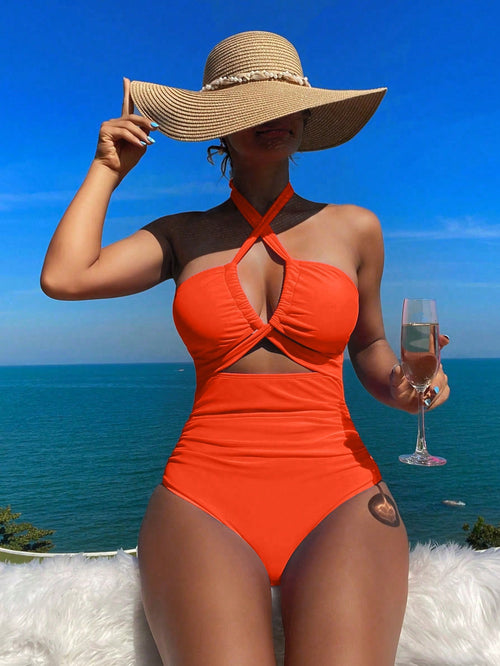 BamGleam Summer Beach Women Halter Solid Color One-Piece Swimsuit For Vacation Outfit