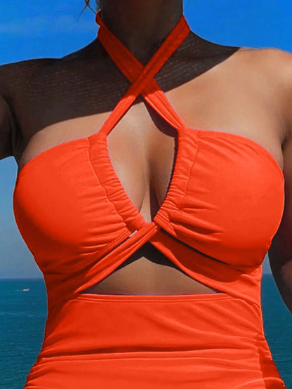 BamGleam Summer Beach Women Halter Solid Color One-Piece Swimsuit For Vacation Outfit