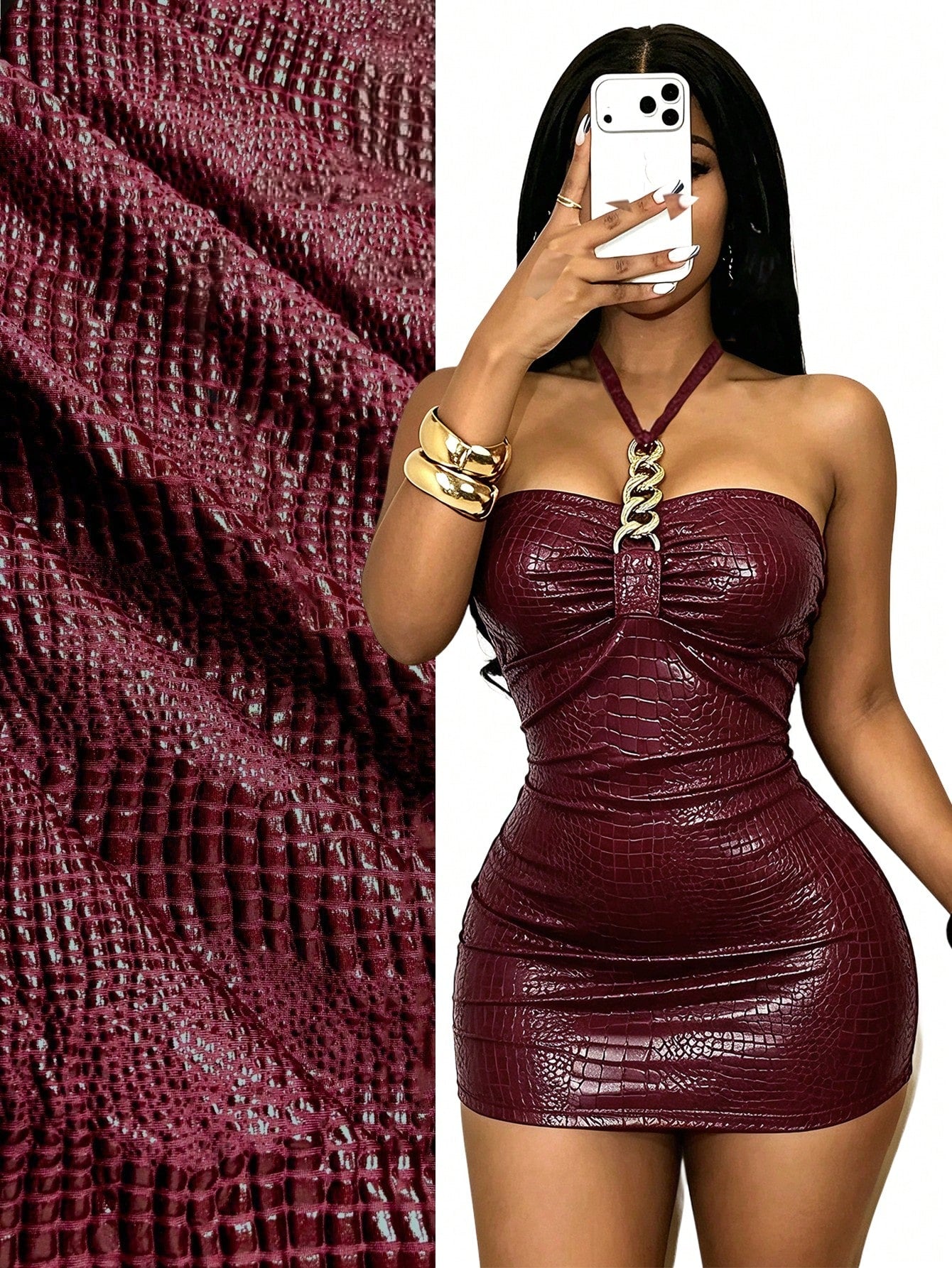 BamGleam Women's Sexy Solid Color Crocodile Embossed Metal Chain Halter Neck Dress