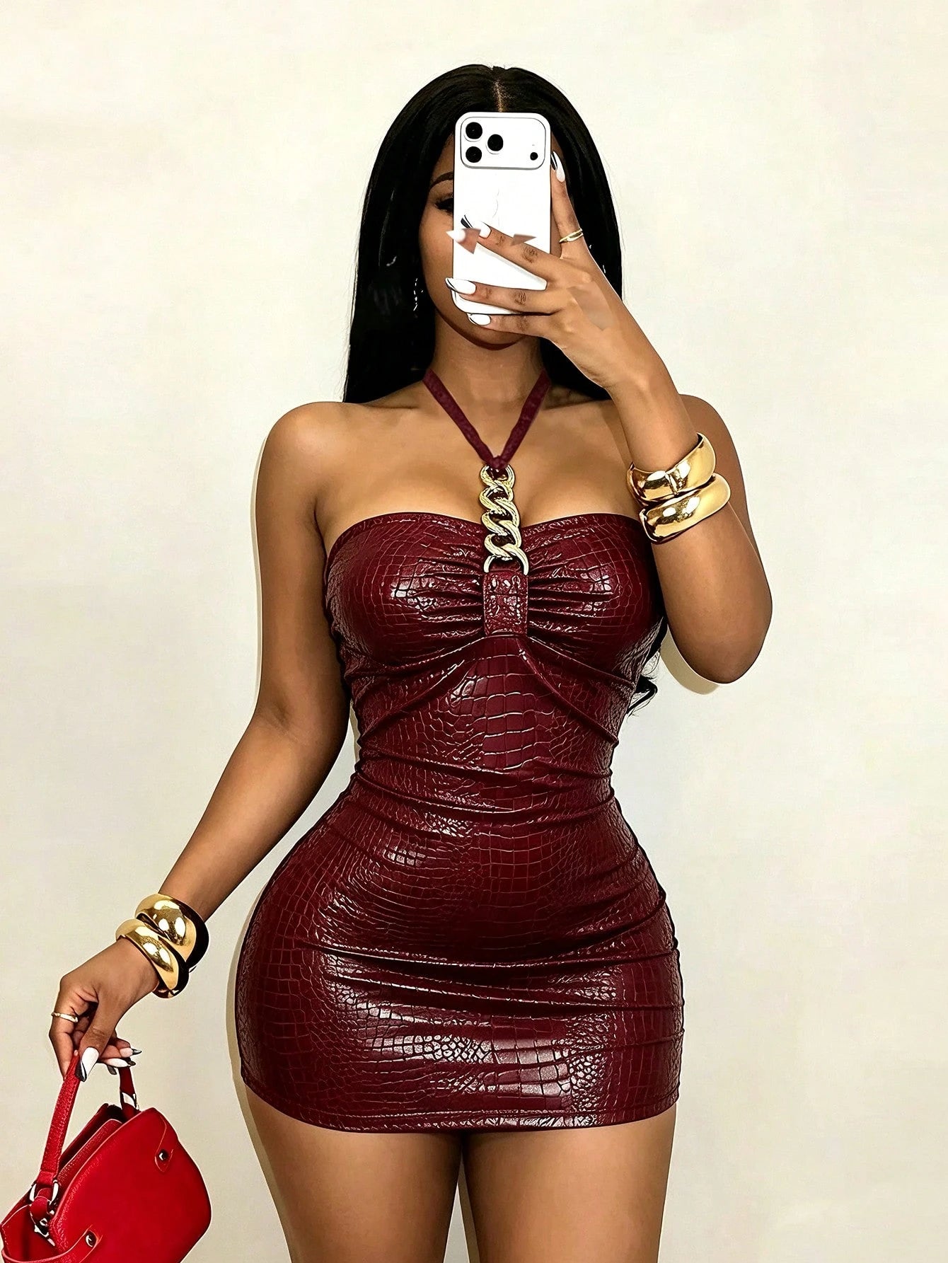 BamGleam Women's Sexy Solid Color Crocodile Embossed Metal Chain Halter Neck Dress