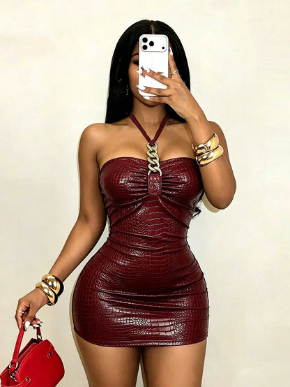 BamGleam Women's Sexy Solid Color Crocodile Embossed Metal Chain Halter Neck Dress