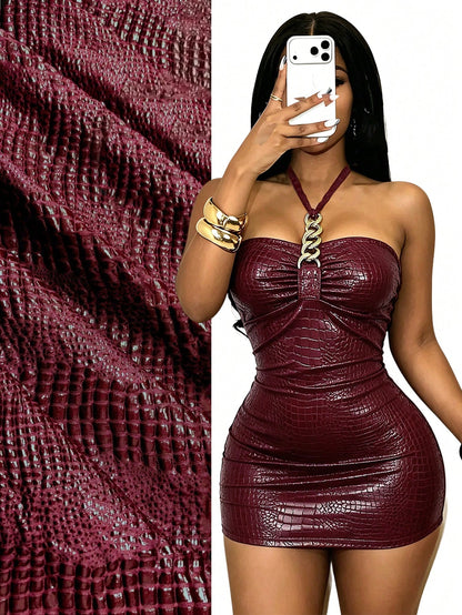 BamGleam Women's Sexy Solid Color Crocodile Embossed Metal Chain Halter Neck Dress