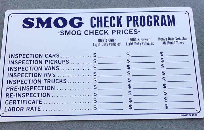 SMOG CHECK PRICES SIGN, SMOG 2.3