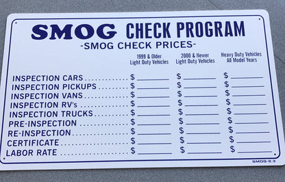 SMOG CHECK PRICES SIGN, SMOG 2.3
