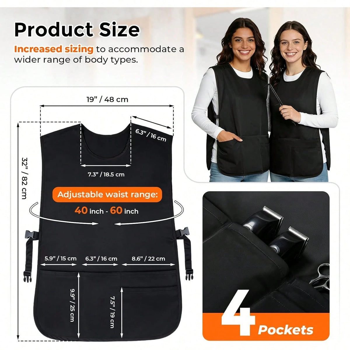Barber Vest, Sleeveless Hairdresser Smock, Stain & Hair Resistant Salon Fits, Unisex Cobbler Apron With 4 Pockets For Women Men Hair Stylist, Barber Jacket Work Vest Apron, Side Strap Snap Closure
