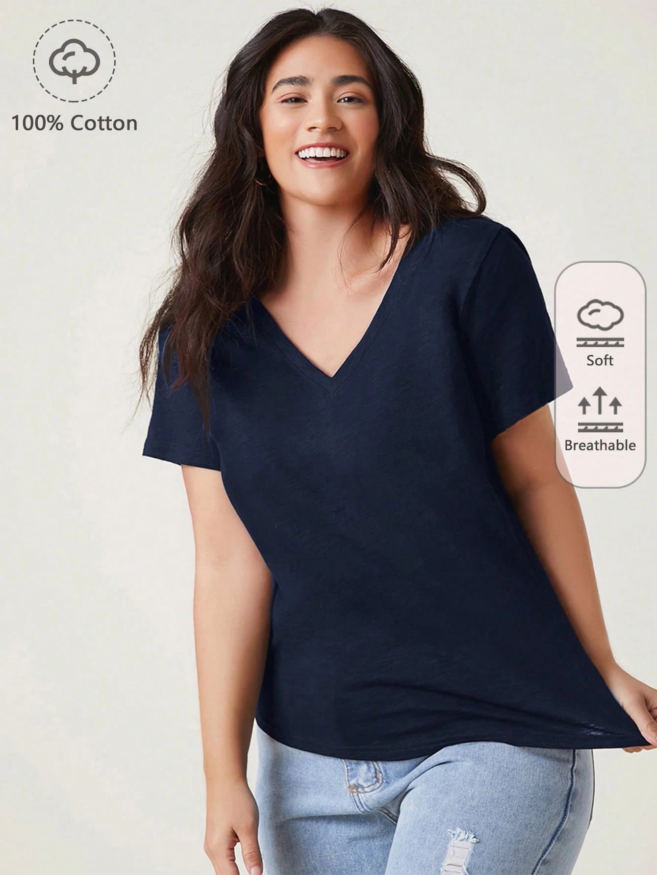 BASICS Plus Size Women's Solid V-Neck Short Sleeve Casual Traditional Off Shoulder Versatile T-Shirt House Navy Blue Summer Tops Office Formal