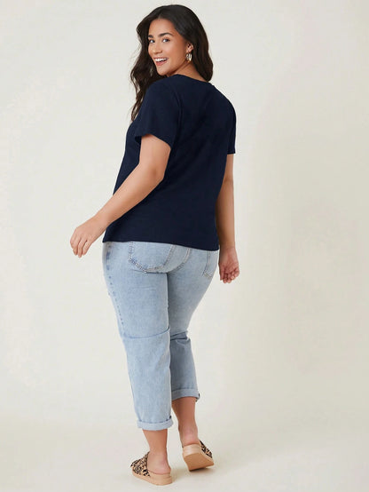 BASICS Plus Size Women's Solid V-Neck Short Sleeve Casual Traditional Off Shoulder Versatile T-Shirt House Navy Blue Summer Tops Office Formal