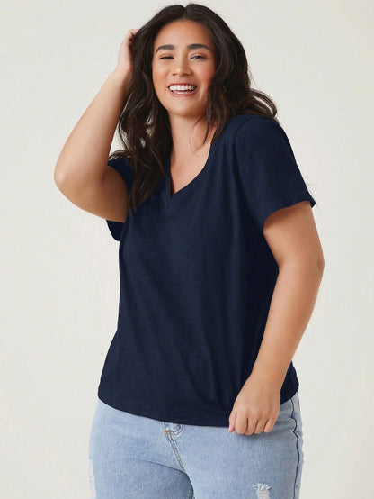 BASICS Plus Size Women's Solid V-Neck Short Sleeve Casual Traditional Off Shoulder Versatile T-Shirt House Navy Blue Summer Tops Office Formal
