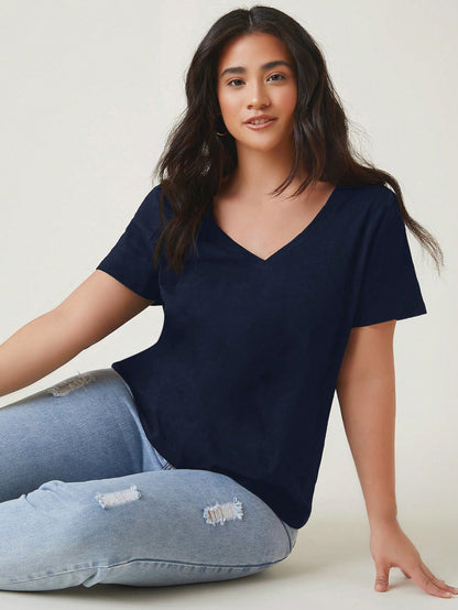 BASICS Plus Size Women's Solid V-Neck Short Sleeve Casual Traditional Off Shoulder Versatile T-Shirt House Navy Blue Summer Tops Office Formal
