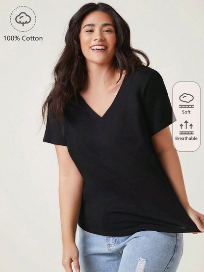 BASICS Plus Size Women's Solid V-Neck Short Sleeve Casual Traditional Off Shoulder Versatile T-Shirt House Navy Blue Summer Tops Office Formal