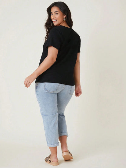 BASICS Plus Size Women's Solid V-Neck Short Sleeve Casual Traditional Off Shoulder Versatile T-Shirt House Navy Blue Summer Tops Office Formal