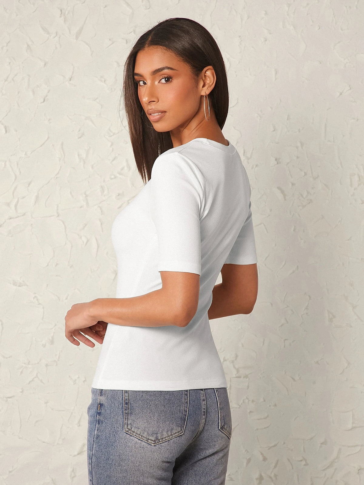 BASICS Solid Form Fitted Tee Tops For Women White Tops