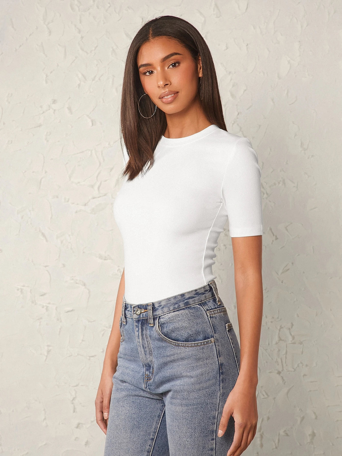 BASICS Solid Form Fitted Tee Tops For Women White Tops