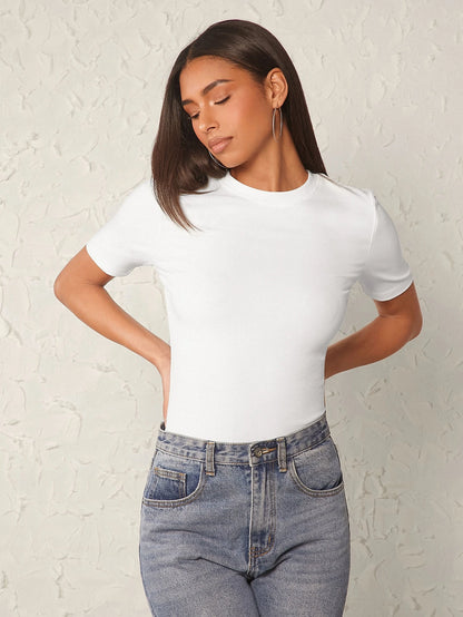 BASICS Solid Form Fitted Tee Tops For Women White Tops