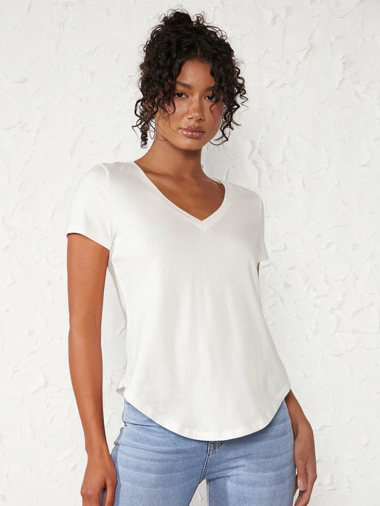 BASICS Women Solid V-Neck Short Sleeve Casual Top, Everyday Wear Tops For Women White Tops