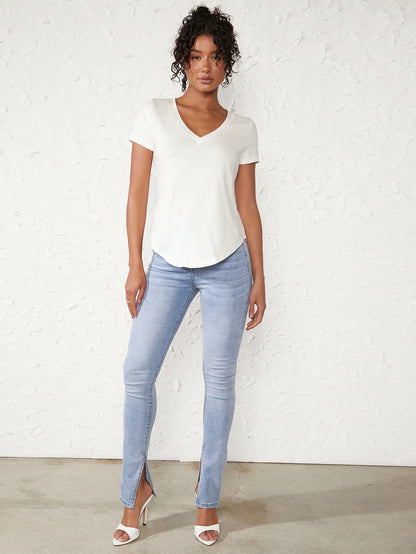 BASICS Women Solid V-Neck Short Sleeve Casual Top, Everyday Wear Tops For Women White Tops