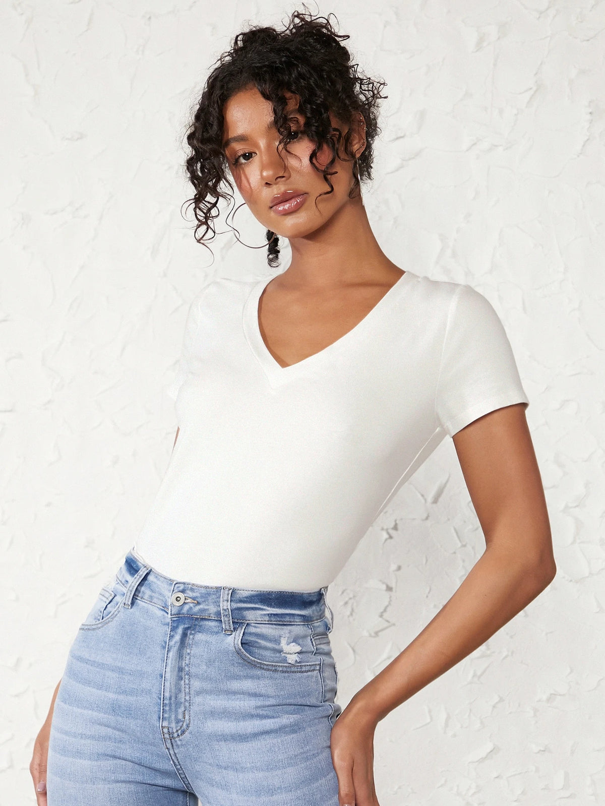 BASICS Women Solid V-Neck Short Sleeve Casual Top, Everyday Wear Tops For Women White Tops