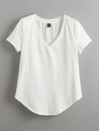 BASICS Women Solid V-Neck Short Sleeve Casual Top, Everyday Wear Tops For Women White Tops