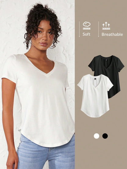 BASICS Women Solid V-Neck Short Sleeve Casual Top, Everyday Wear Tops For Women White Tops