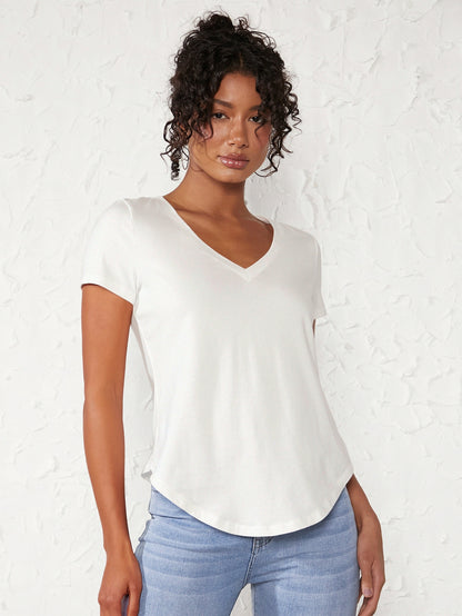 BASICS Women Solid V-Neck Short Sleeve Casual Top, Everyday Wear Tops For Women White Tops