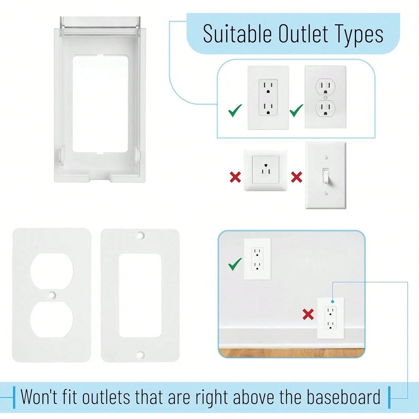 Bates- Baby Safety Outlet Cover Box, Clear Door, Baby Proof Outlet Covers, Plug Covers For Electrical Outlets