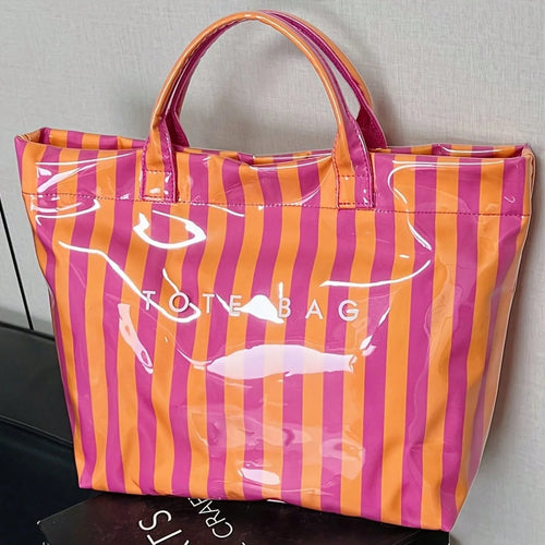 Beach Vacation Color Blocked Striped Women's Fashionable Large Capacity Work Handbag, Suitable For Daily Commuting, Shopping, And Vacation Travel