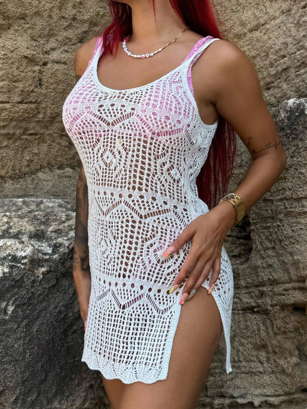Bearsaez Summer Beach Hollow Out Side Split Cover Up
