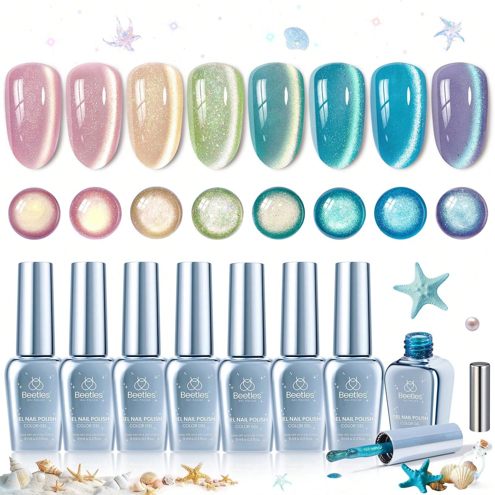 Beetles Dream Coast 8 Colors Cat Eye Gel Nail Polish Set, Pink Yellow Green Blue Purple Glitter Magnetic Shine Gel, Soak Off UV LED Salon & Home DIY Manicure Gifts For Women