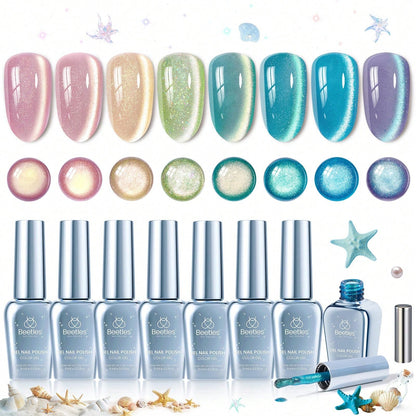 Beetles Dream Coast 8 Colors Cat Eye Gel Nail Polish Set, Pink Yellow Green Blue Purple Glitter Magnetic Shine Gel, Soak Off UV LED Salon & Home DIY Manicure Gifts For Women