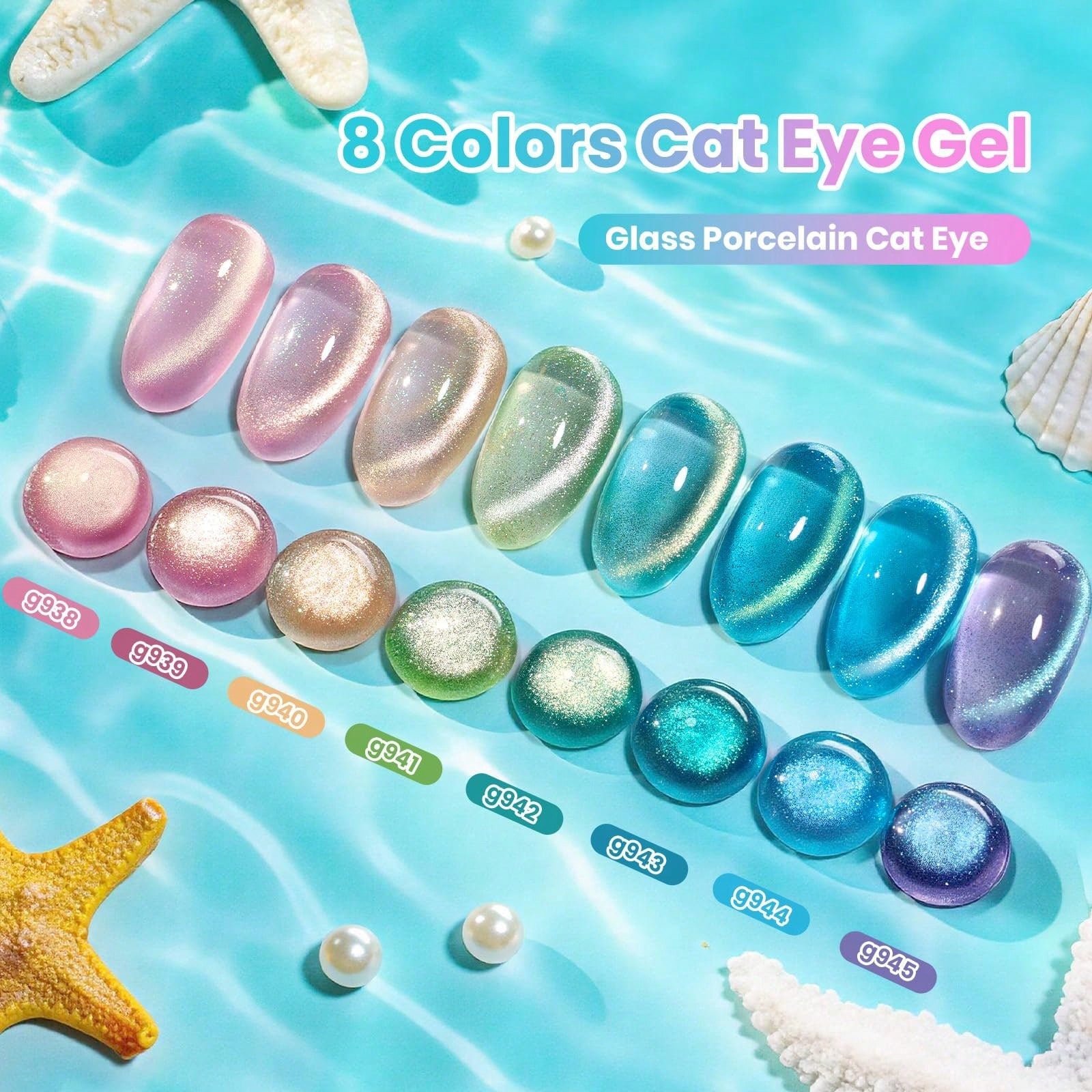 Beetles Dream Coast 8 Colors Cat Eye Gel Nail Polish Set, Pink Yellow Green Blue Purple Glitter Magnetic Shine Gel, Soak Off UV LED Salon & Home DIY Manicure Gifts For Women