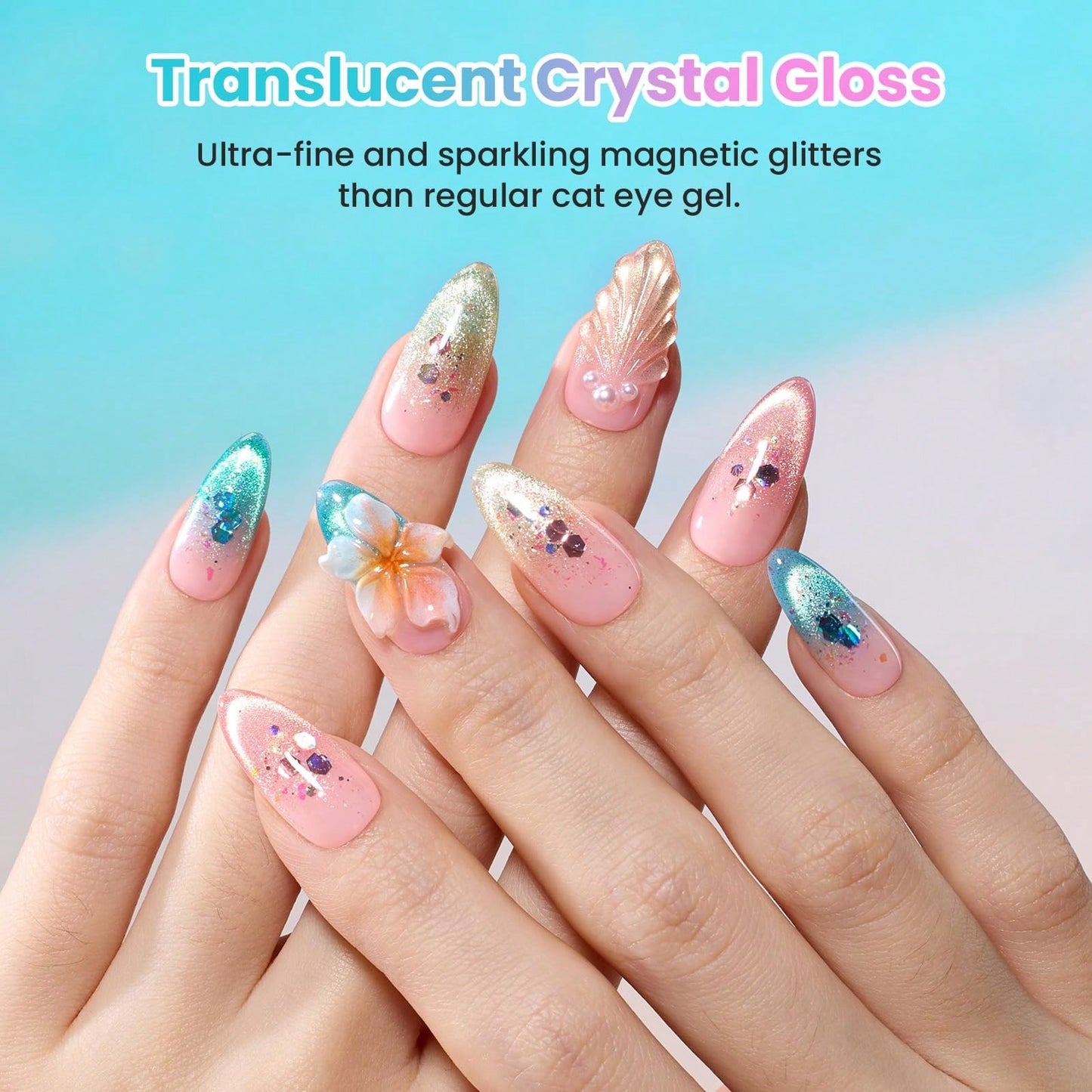 Beetles Dream Coast 8 Colors Cat Eye Gel Nail Polish Set, Pink Yellow Green Blue Purple Glitter Magnetic Shine Gel, Soak Off UV LED Salon & Home DIY Manicure Gifts For Women