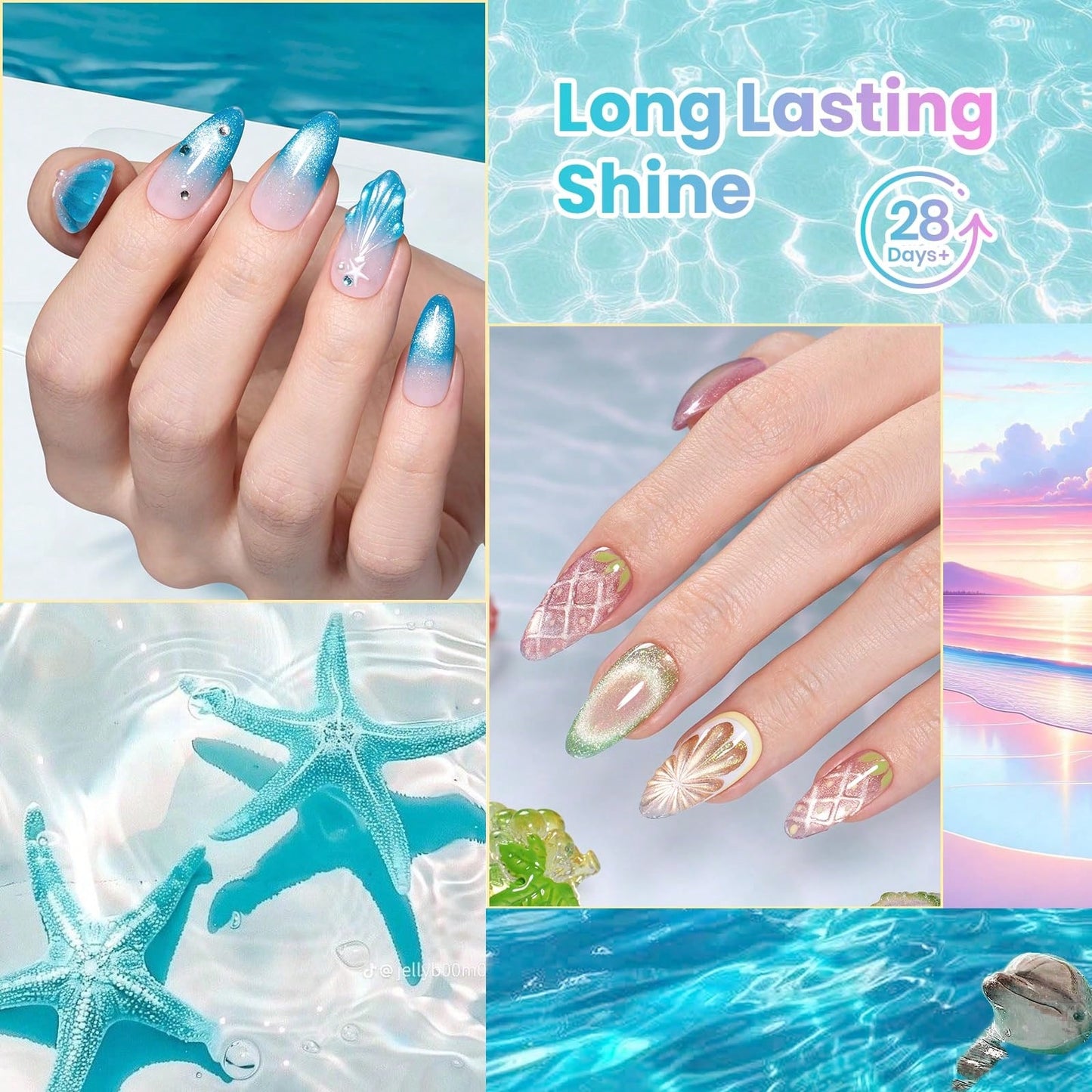 Beetles Dream Coast 8 Colors Cat Eye Gel Nail Polish Set, Pink Yellow Green Blue Purple Glitter Magnetic Shine Gel, Soak Off UV LED Salon & Home DIY Manicure Gifts For Women