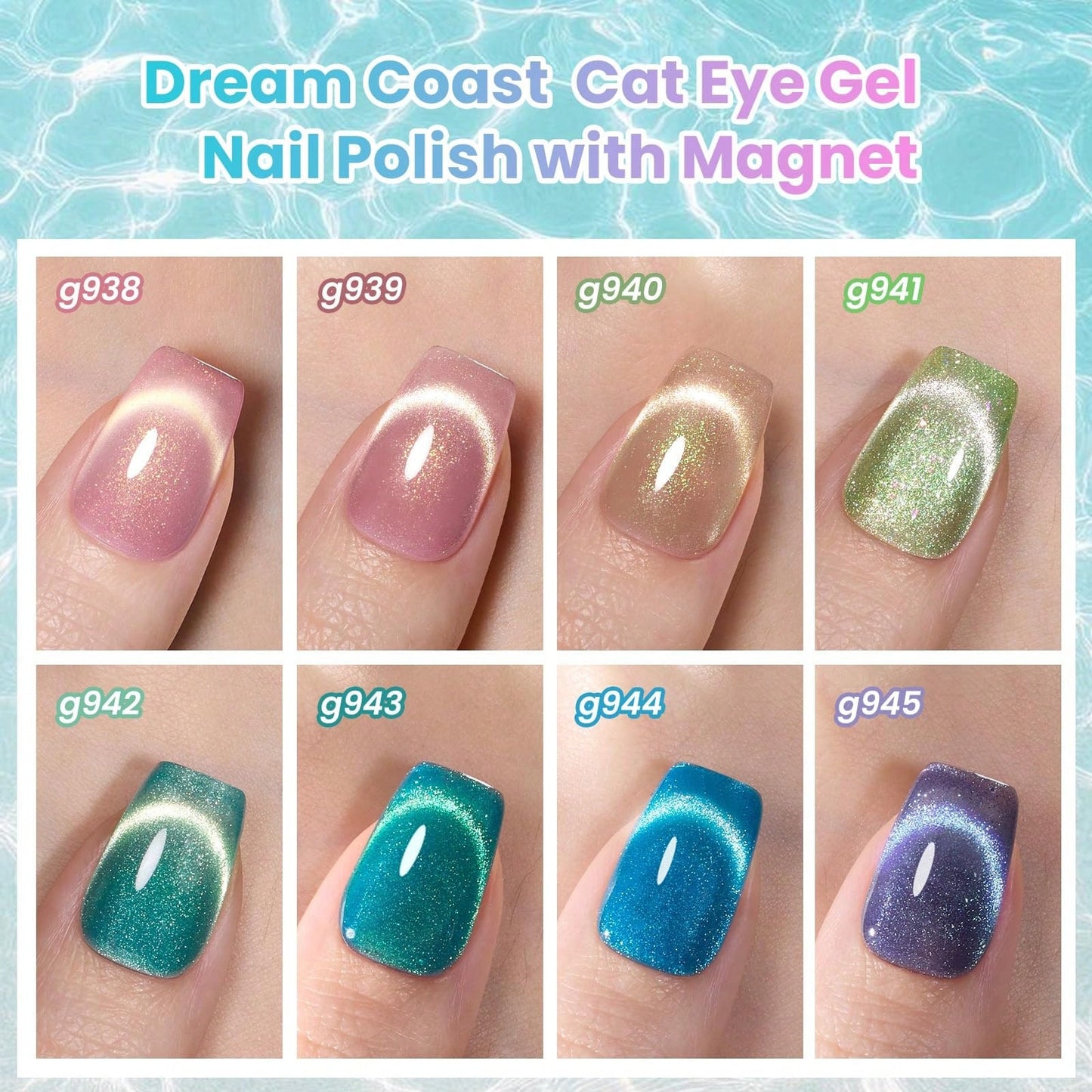 Beetles Dream Coast 8 Colors Cat Eye Gel Nail Polish Set, Pink Yellow Green Blue Purple Glitter Magnetic Shine Gel, Soak Off UV LED Salon & Home DIY Manicure Gifts For Women