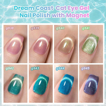 Beetles Dream Coast 8 Colors Cat Eye Gel Nail Polish Set, Pink Yellow Green Blue Purple Glitter Magnetic Shine Gel, Soak Off UV LED Salon & Home DIY Manicure Gifts For Women