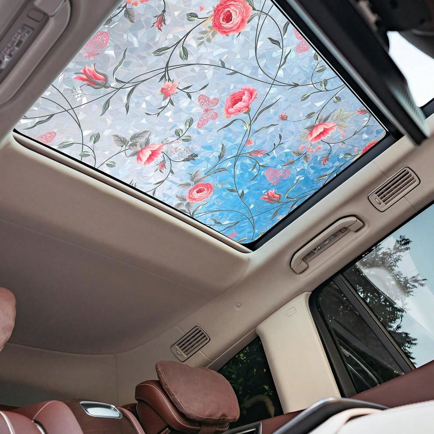 Beeveer Stained Vintage Sunroof Sun Shade Film Static Clings Vinyl 3D Decals For Car Decoration UV Sun Protection For Moonroof &Amp; Side Windows, Car Camping Accessories(16.9 X 39.4 Inches,Rose)
