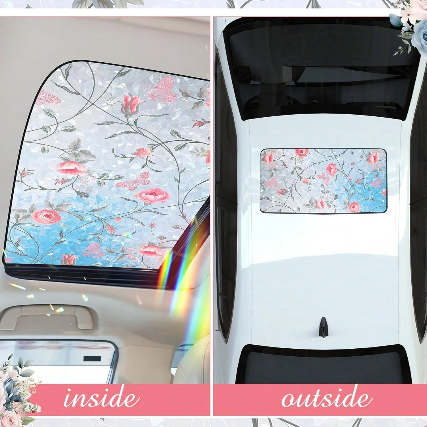 Beeveer Stained Vintage Sunroof Sun Shade Film Static Clings Vinyl 3D Decals For Car Decoration UV Sun Protection For Moonroof &Amp; Side Windows, Car Camping Accessories(16.9 X 39.4 Inches,Rose)