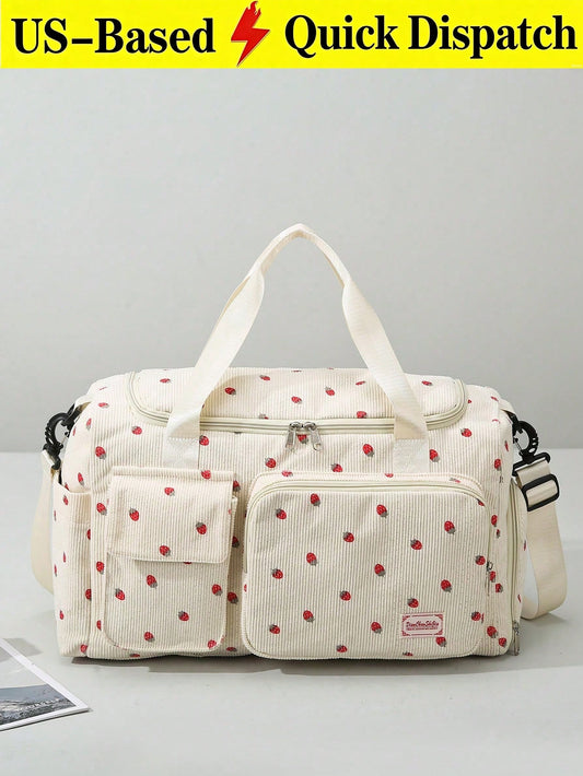 Beige Strawberry Print Corduroy Travel Tote Bag, Gym Duffel Bag With Shoe Pocket, Travel Essentials For Women Cruise Vacation Luggage Travel Bags