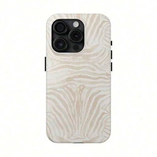 Beige Zebra Print Phone Case- Durable, Anti-Drop, Waterproof, Glossy Finish, Elegant Abstract Tough Case For IPhone