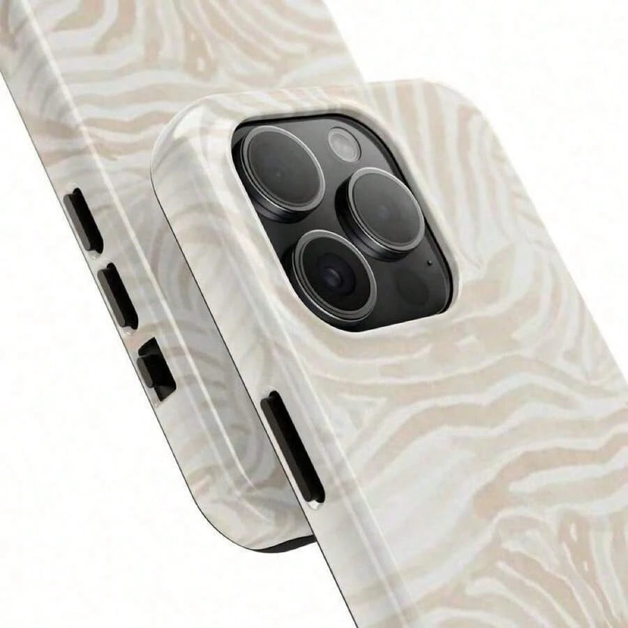 Beige Zebra Print Phone Case- Durable, Anti-Drop, Waterproof, Glossy Finish, Elegant Abstract Tough Case For IPhone