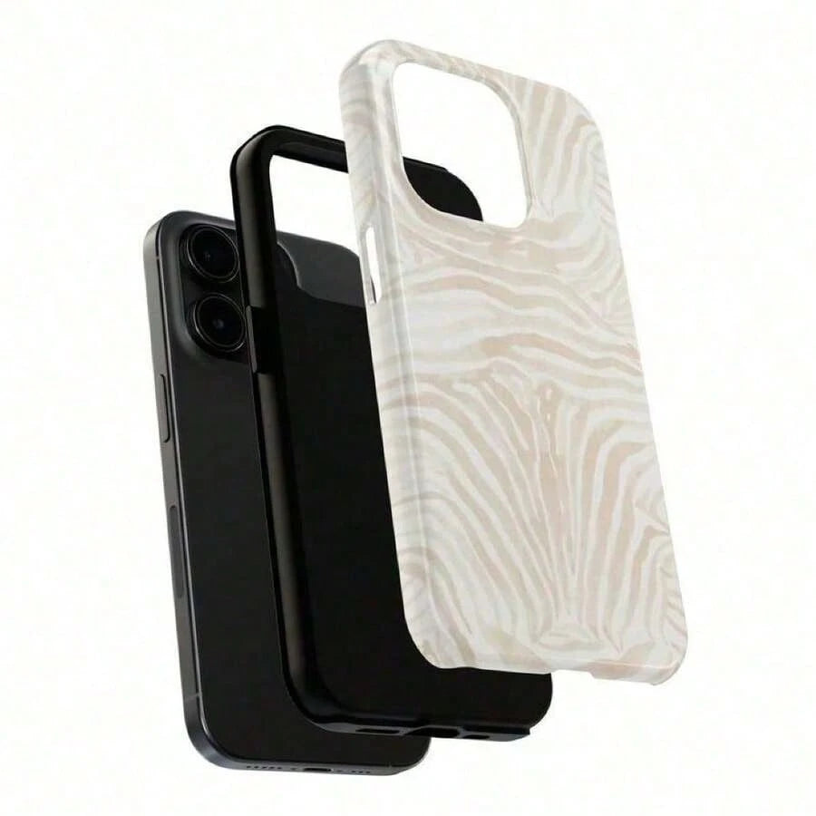 Beige Zebra Print Phone Case- Durable, Anti-Drop, Waterproof, Glossy Finish, Elegant Abstract Tough Case For IPhone