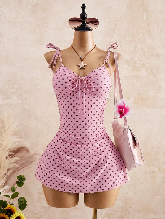 Bellisia 2026 SS Women's Beach Dress, One-Piece Swimsuit, Spring/Summer Vacation, Afternoon Tea, Picnic, Elegant Lady, Fresh Sweet Ditsy Floral, Adjustable Drawstring, Bow Tie Strap, Spaghetti Strap B